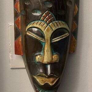 Vtg 1990s Hand Carved Wooden Indonesian Jenggot Wall Mask with Elephant Design